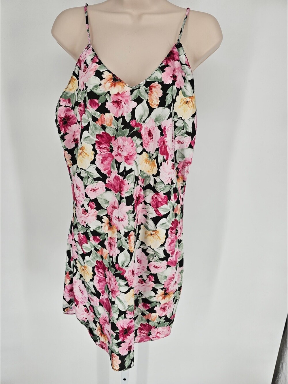 Vintage 1990s Womens Sz L Satin Nightgown Red Pink Floral Knee Length